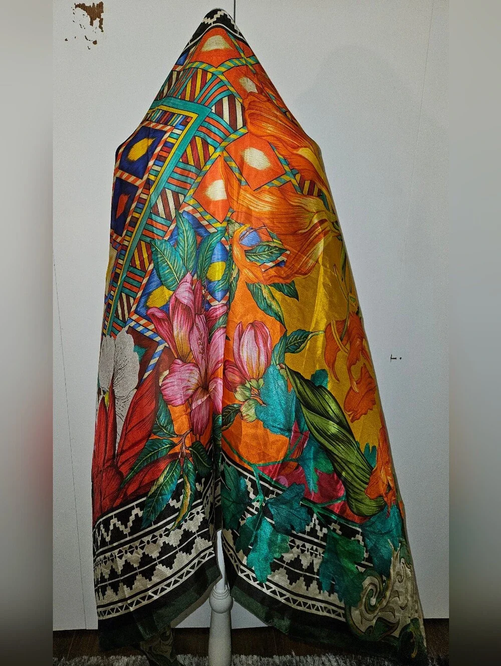 100% Silk Orange Floral Printed Scarf Wrap